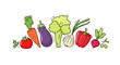 Fresh food, vegetable set, hand drawn banner. Vector doodle icons of healthy organic diet with carrot, red pepper, tomato, onion and eggplant