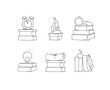 Icon Set - education objects with books stacks. Doodle cartoon scene about reading. Hand drawn vector illustration for education design isolated on white.