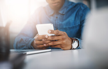 Aufkleber - Office, hands and man with smartphone, typing and check email for schedule and online reading for company website. Person, journalist or worker with cellphone and social media with research for story