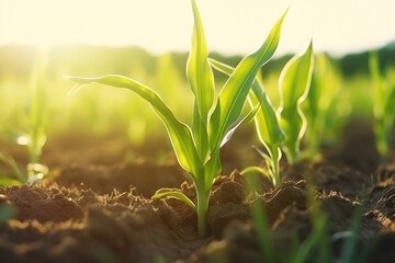 young corn green sprouts in the sun rays of dawn, growing, agriculture theme, close