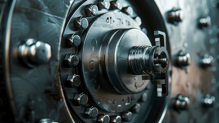 Poster - Vault door locking mechanism, extreme close-up, steel textures, secure finance, dramatic angle 