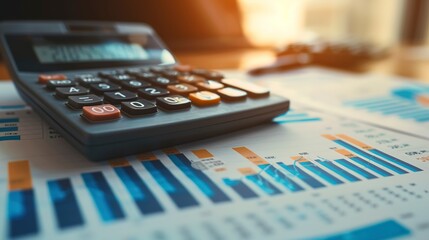 Poster - Calculator and financial charts on desk, close-up, focused task light, planning and analysis 