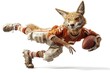 A cartoonish fox is running with a football in its mouth