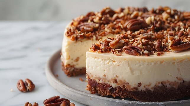 An enticing cheesecake with a crunchy nut topping, presented against a clear, neutral backdrop.