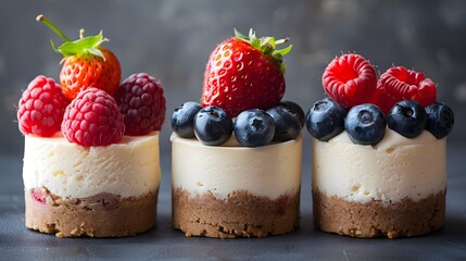 Wall Mural - A trio of mini cheesecakes, each topped with different fruits, arranged neatly against a clean background.