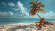 beauty of a beach chair positioned on the pristine sands, under the shade of a palm tree, against the backdrop of a clear blue sky, captured in cinematic high resolution photography.