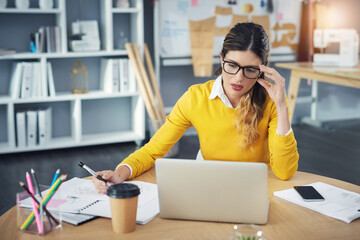 Poster - Laptop, stress and business woman in office with research for creative project with documents. Overwork, paperwork and fashion designer with burnout work on development with computer in workplace.