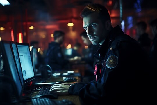 Security guard in surveillance room at night. Security guard in surveillance room.