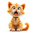 Surprised shocked amazed ginger cat cartoon character in 3d design style sitting with open mouth on white background. Cute fantasy animals concept