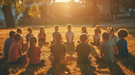 a photo of children in a prayer circle outside their school, lit by the morning sun, emphasizing uni