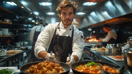 Wall Mural - gourmet dish being prepared in a high end restaurant kitchenimage