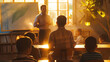 A classroom scene where a teacher explains Christian teachings using a whiteboard, with natural light creating patterns across the room. , natural light, soft shadows, with copy sp