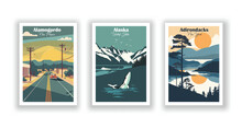 Adirondacks, New York, Alamogordo, New Mexico,Alaska, United States - Vintage Travel Poster. Vector Illustration. High Quality Prints