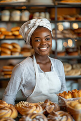 African american young girl work on bakery make bread and sale