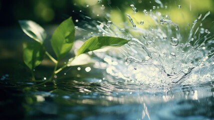 Wall Mural - Water splash with green plants and drops.