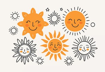 Poster - Minimalist Doodle of Cute Orange Sun Set in Hand-drawn Sketch Style