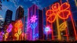Buildings in the beautiful district in twilight are decorated with neon lights in the shape of building, trees , star, flower