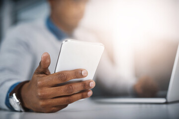 Poster - Tech, phone and hand of man at desk for communication, networking or online research at startup office. Laptop, smartphone and businessman with internet, connection and career in web management