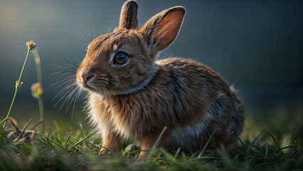 rabbit in a meadow,A fluffy rabbit sits in tall grass, looking alert. The background is hazy and blue.