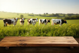 Fototapeta Tulipany - Empty wooden table top and blurred rural background of cows on green field and meadow with grass. Space for design your dairy product.