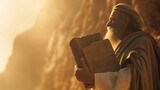 Fototapeta  - Moses holding the Ten Commandments with Mount Sinai blurred in the background. The natural light highlights the stone tablets. , natural light, soft shadows, with copy space