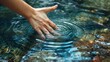 Closeup of a woman's hand touching the lake water, causing ripples. A concepts of cleansing, nature, environment and sustainability hyper realistic 