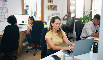 Poster - Team, group and diversity with office, teamwork and collaboration for small business startup. Designers, planning and brainstorming with discussion, conversation or people for online design agency