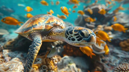 Wall Mural - turtle with group of colorful fish and sea animals with colorful coral underwater in oceanillustration