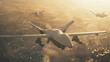 A white military UAV flies over the city surrounded by other drones in the background. The scene is full of events, the planes are flying at high altitude.