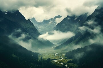 Wall Mural - Breathtaking Mountain foggy view. Mist hill. Generate Ai