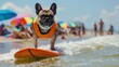 French bulldog surfing in ocean wearing a bright orange life jacket