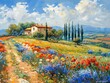 Italian landscape with country side and colorful flowers, Oil paintig banner 