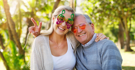 Sticker - Park, portrait and senior father with daughter, woman or love for care, hug or support in England. Smile, cool sunglasses or elderly man with girl in retirement on holiday in outdoor garden or nature