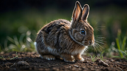 rabbit on the ground,A brown rabbit with large ears and blue eyes sits on brown dirt.