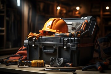 Wall Mural - 3d illustration of a toolbox full of construction tools on dark background