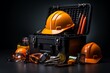 3d illustration of a toolbox full of construction tools on dark background