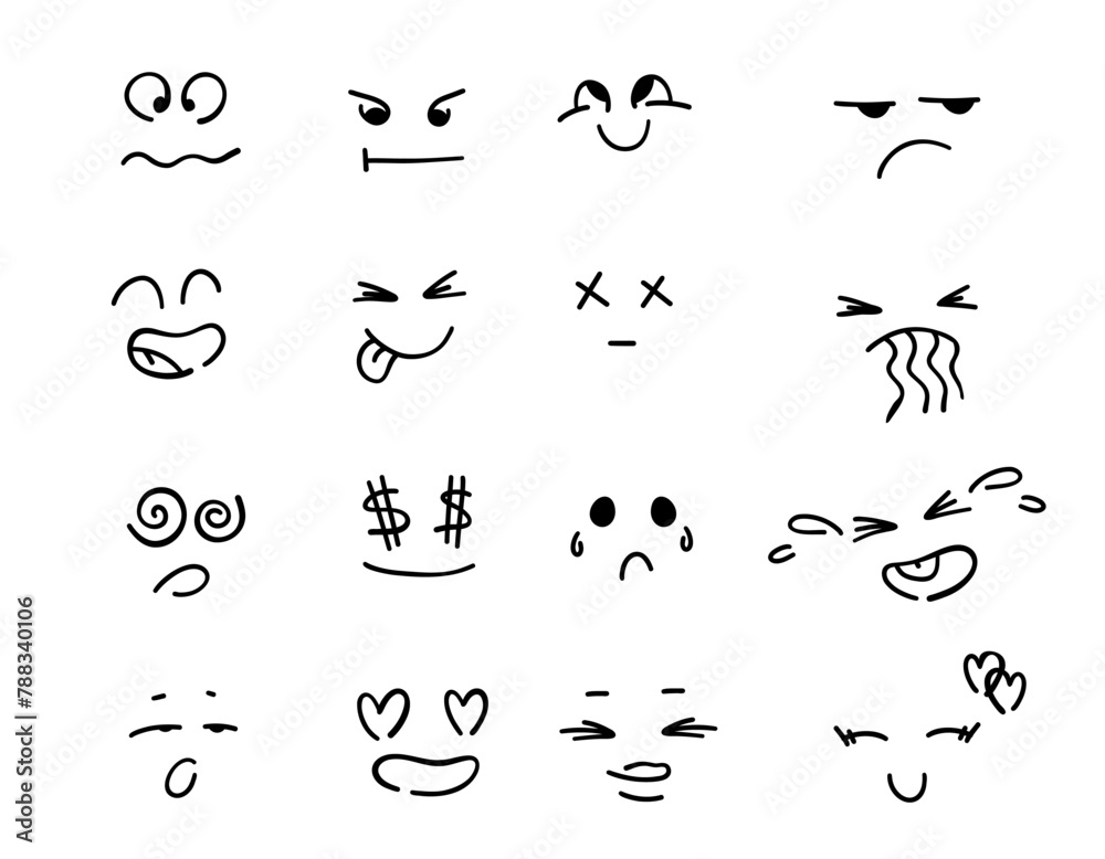 Set of doodle emotions faces cartoon. Doodle of cute emotions on a ...