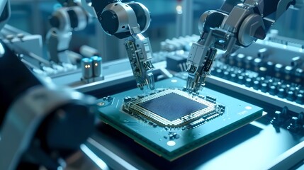 Poster - Advanced robotics assemble a microprocessor chip. Precision engineering. Automation in technology manufacturing. Conceptual tech image by AI.