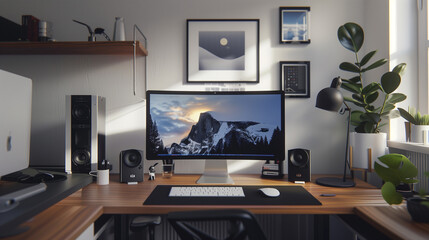 Poster - modern desktop workspace at home, work from home, freelance business 