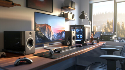 Poster - modern desktop workspace at home, work from home, freelance business 
