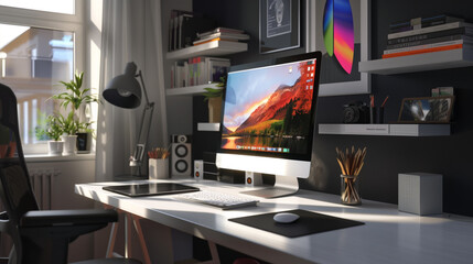 Poster - modern desktop workspace at home, work from home, freelance business 