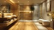 Minimalist glossy oak powder room design in penthouse in New York, hyper realistic photo