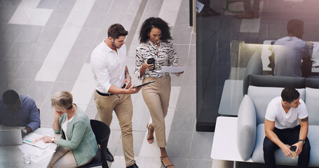 Poster - Teamwork, technology and walking in workplace for project, brainstorming and company consultant. High angle, meeting and collaboration in office for global startup, research and business partners