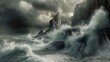 A dramatic seascape captured during a storm, with towering waves crashing against rugged cliffs, sending plumes of foam into the turbulent sky.