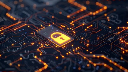 Aufkleber - Cybersecurity concept on digital circuit board with glowing padlock icon. Protecting data and privacy in digital age. High-tech electronic motherboard security. AI