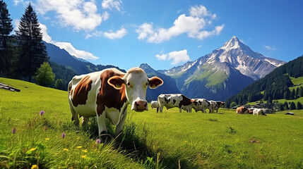 Wall Mural -  swiss cows are grazing in a flowery meadow, and pine trees at the swiss alps landscape