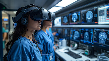 Medical Simulation healthcare professionals using VR technology to simulate surgical procedures or medical scenarios for training purposes, immersive and realistic training opportunities by VR.