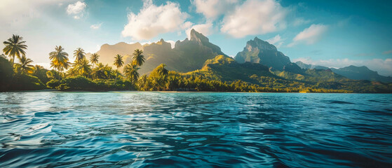 Canvas Print - A beautiful blue ocean with palm trees in the background