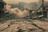 Fototapeta  - A street scene immediately after an earthquake, with cracked roads and collapsed buildings.   