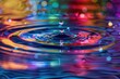 Water drop close-up with ripples and ripples on colorful background, vibrant water rainbow background 

